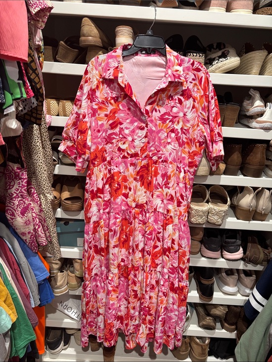 PrettyGarden Dresses & Skirts - Pink Floral Collared Tiered Midi Dress